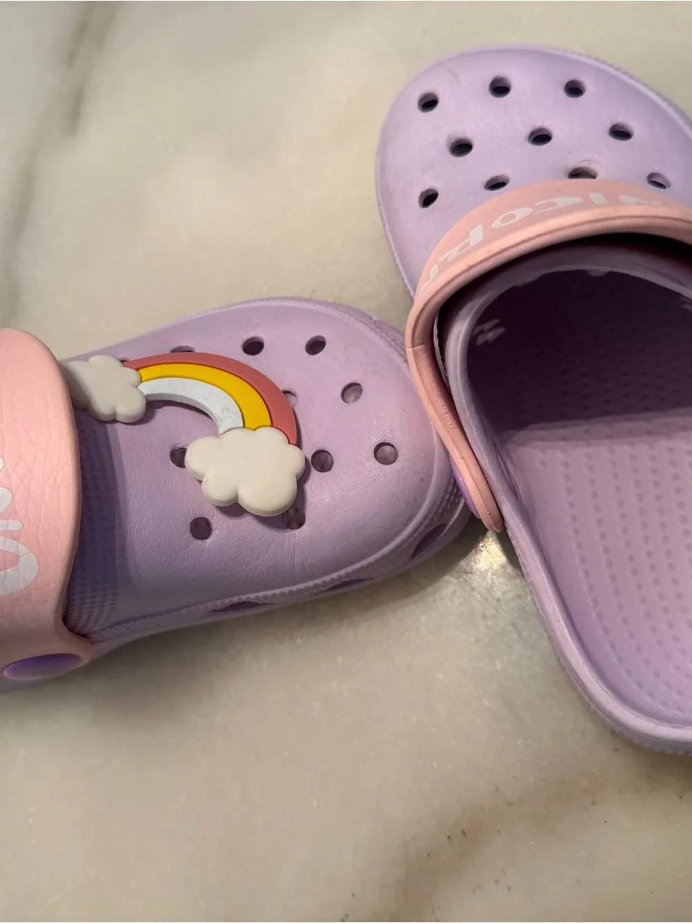 Kids Lavender Clog Sandals with Pink Heel Strap and Rainbow Charm